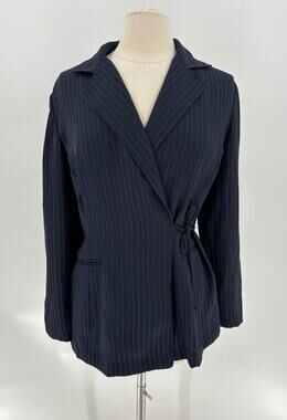Vintage DBY Navy Pinstripe Wrap Blazer Womens 9 / M Asymmetrical Jacket Y2K Tie